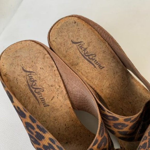 Lucky Brand Miller 2 Cork Wedge Sandals Brown Leopard Mob Wife Wedges - Picture 6 of 9